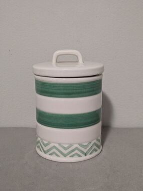 Anthropologie Nature Table J.L. Ceramic Lidded Canister Green and White
